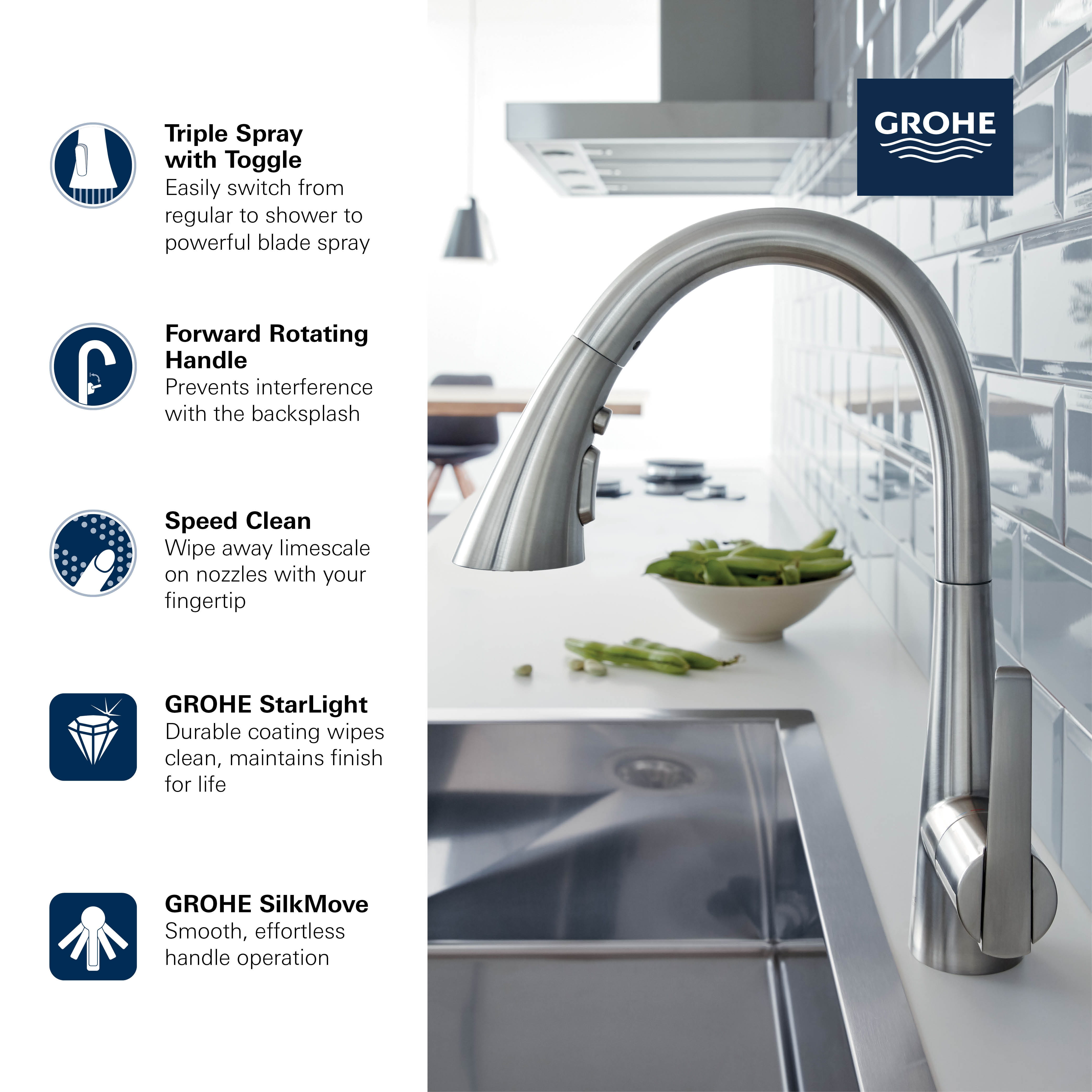 Single Handle Pull Down Kitchen Faucet Triple Spray 175 GPM GROHE SUPERSTEEL